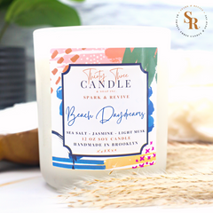 Mentally take a walk on the beach with our Beach Daydreams scented soy candle.  Beach Daydreams is a sophisticated, clean, and fresh blend of  lemon, orange, and fresh ozone that gives way to the calm of sea salt and a hint of jasmine. The base includes powder and light musk balanced with woody hints of violet and cedar.  Beach Daydreams will fill your room with a refreshing, yet relaxing atmosphere and help you recharge as if you were lounging in a cozy beach house listening to the waves lap on the shore.