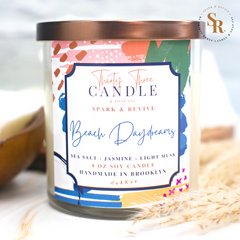 Mentally take a walk on the beach with our Beach Daydreams scented soy candle.  Beach Daydreams is a sophisticated, clean, and fresh blend of  lemon, orange, and fresh ozone that gives way to the calm of sea salt and a hint of jasmine. The base includes powder and light musk balanced with woody hints of violet and cedar.  Beach Daydreams will fill your room with a refreshing, yet relaxing atmosphere and help you recharge as if you were lounging in a cozy beach house listening to the waves lap on the shore.