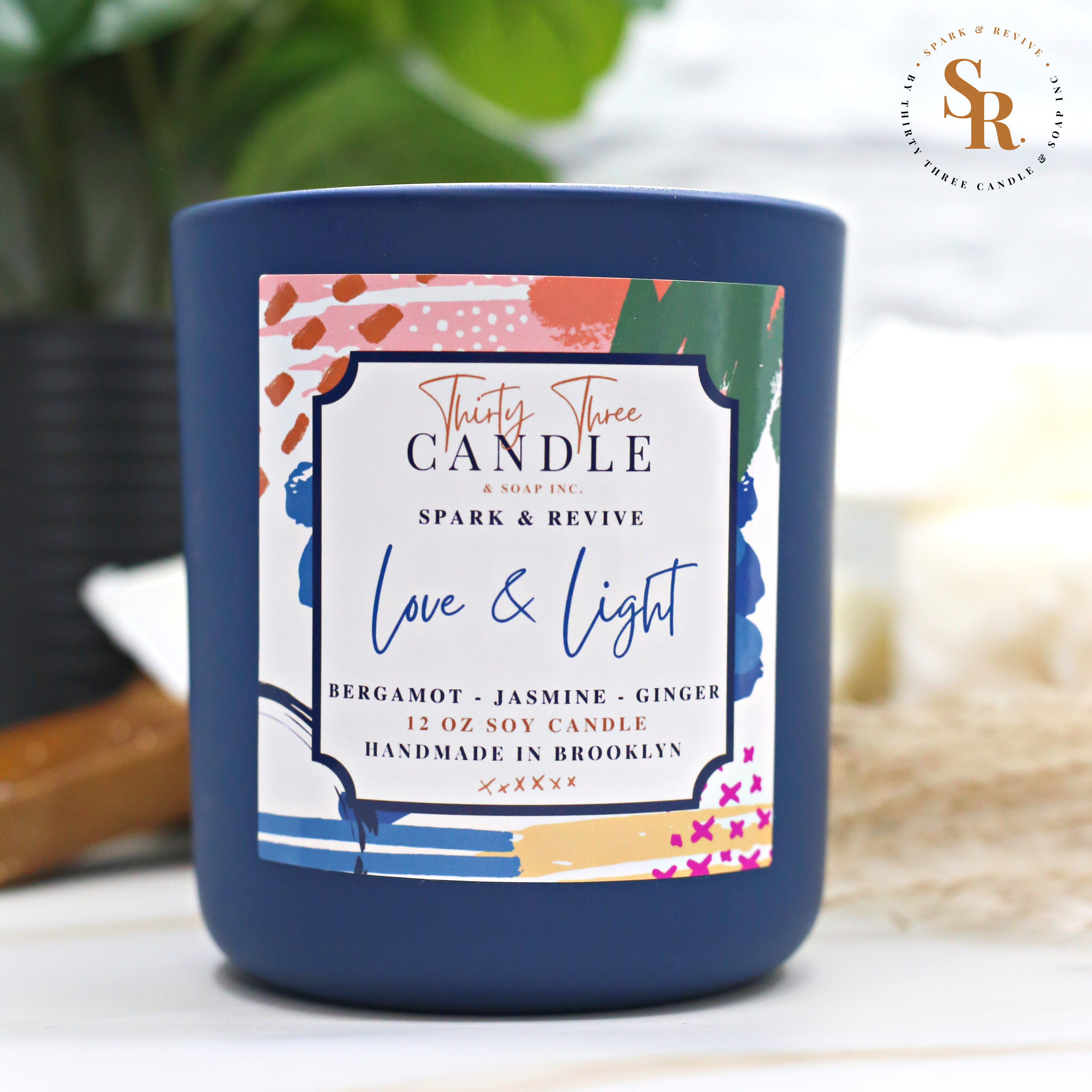 Uplift and transform your space with the soothing scent of our Love & Light scented soy candle. Bringing the ultimate spa experience to your space with an ethereal quality, Love & Light has fresh top notes of mandarin and lemongrass. Elevating this luxurious scent are mid notes of bergamot and ginger. These fragrances blend beautifully with delicate jasmine and white tea to calm your senses and shed the outside world. @SparkandRevive