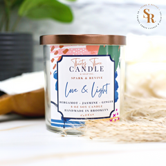 Uplift and transform your space with the soothing scent of our Love & Light scented soy candle. Bringing the ultimate spa experience to your space with an ethereal quality, Love & Light has fresh top notes of mandarin and lemongrass. Elevating this luxurious scent are mid notes of bergamot and ginger. These fragrances blend beautifully with delicate jasmine and white tea to calm your senses and shed the outside world. @SparkandRevive